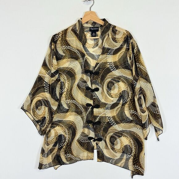 Maggie Barnes Brown Swirl Dot Sheer Toggle‎ Front Shirt Top Women's 0X 14 16 - Picture 1 of 8